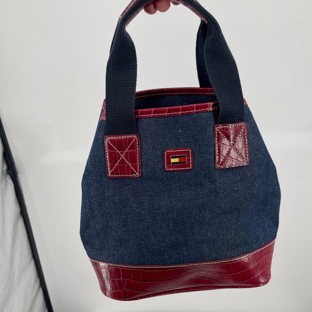 Y2K Tommy Hilfiger Mini Bucket Bag Denim 90s Retro Burgundy Croc Heritage Chic